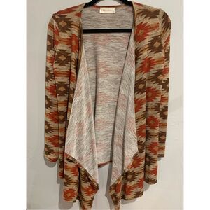 Aztec Cardigan Sweater- Lovecrazy -Red/Yellow Print Long Sleeve Poly EUC Large